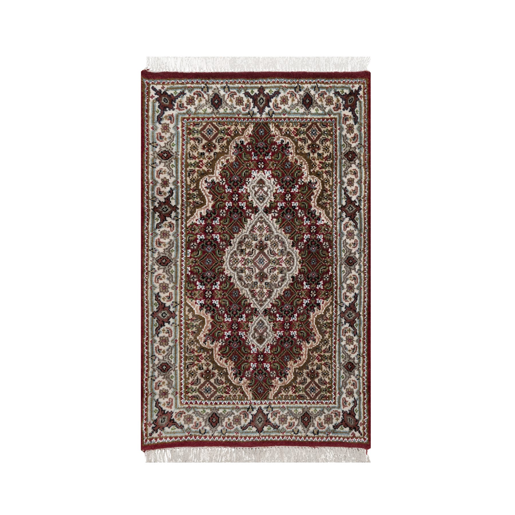 Rhubarb Red, Tabriz Mahi with Fish Medallions Design, 100% Wool, Hand Knotted, 175 KPSI, Sample, Mat, Oriental Rug